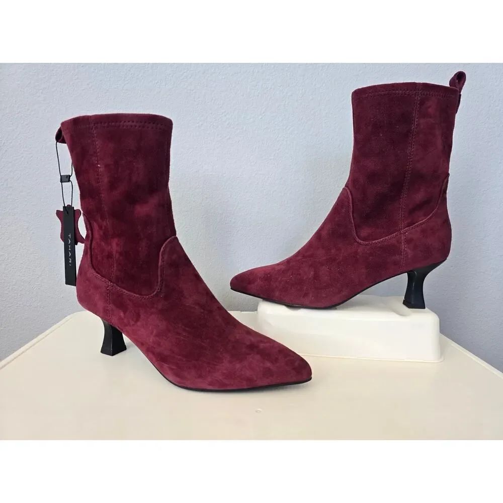 Tahari Sonira Genuine Suede Ankle Boots Burgundy Kitten Heel 6.5 Luxe Leather